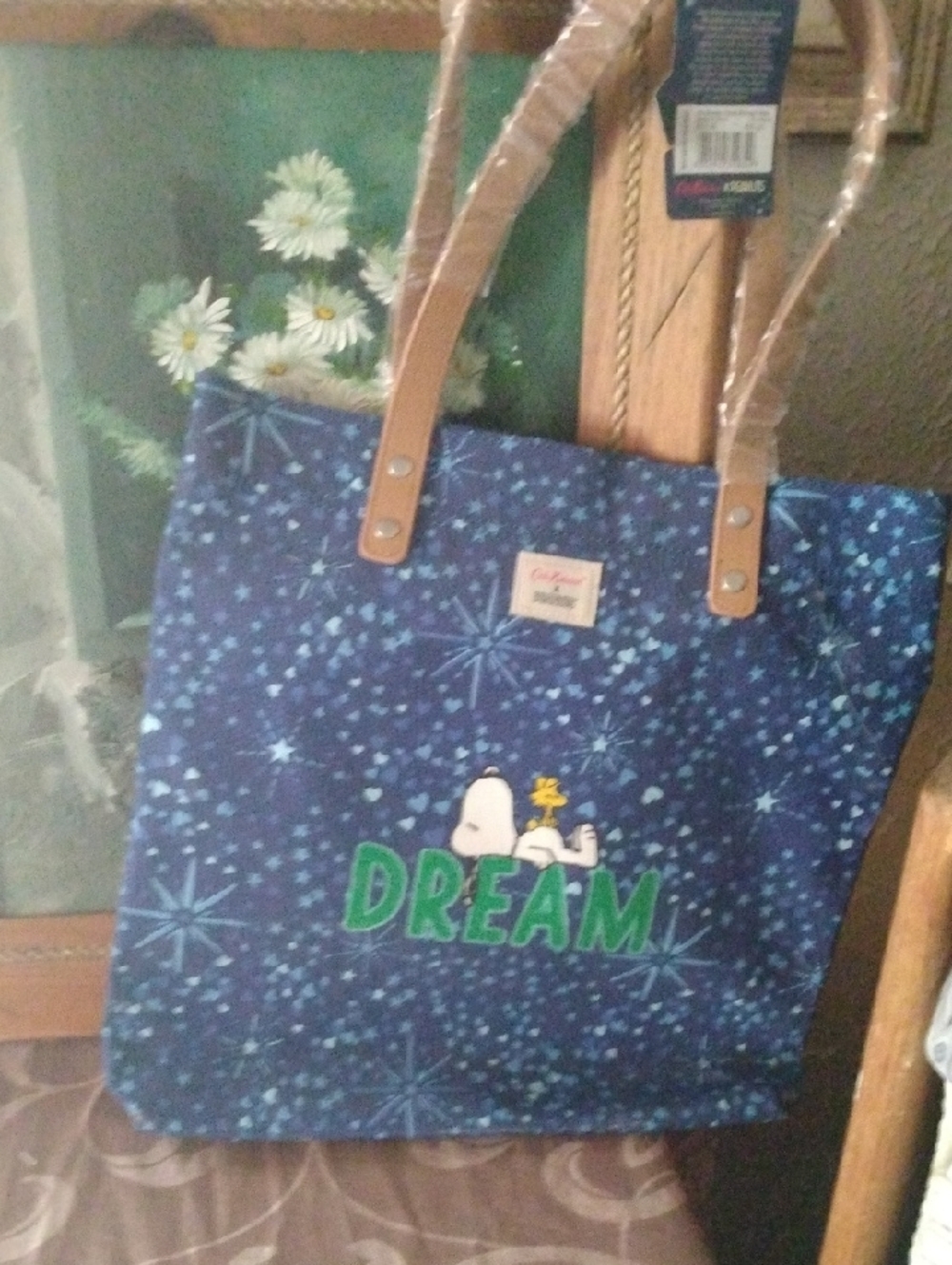 Cath Kidston Navy Star Print Tote with Tan Handles and Green 'DREAM' - Picture 2 of 7